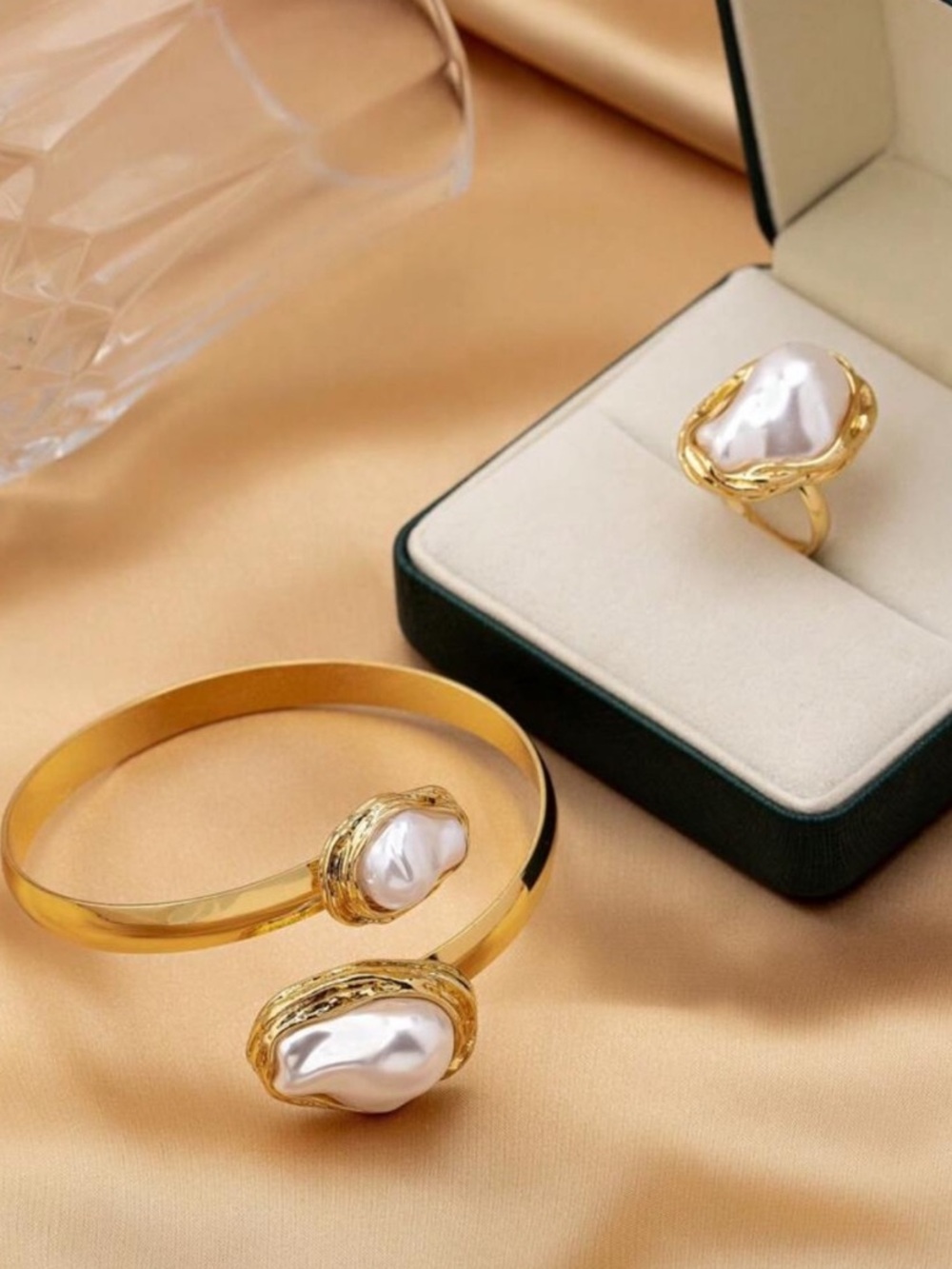 Gold-Tone Pearl Cuff and Matching Ring
